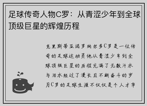 足球传奇人物C罗：从青涩少年到全球顶级巨星的辉煌历程